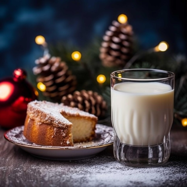 Foto glas milch und weihnachtskekse auf einem holztisch auf bokeh-hintergrund