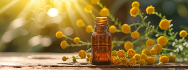 Foto glas mit ätherölextrakt von tansy auf holzgrund