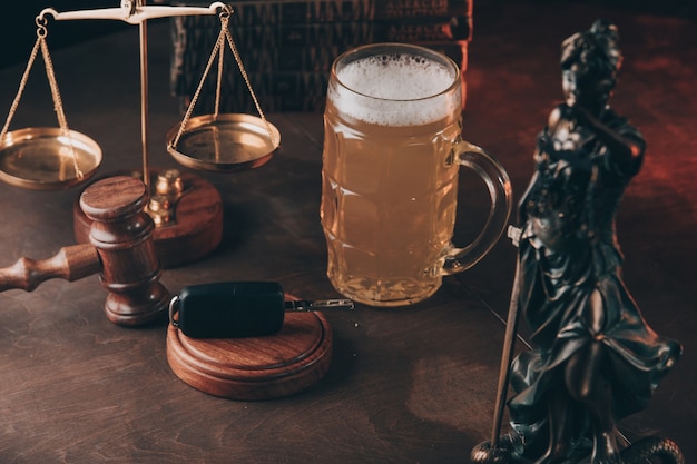 Glas mit Bier, Dame der Gerechtigkeit und Holzhammer mit Autoschlüsseln auf einem Tisch