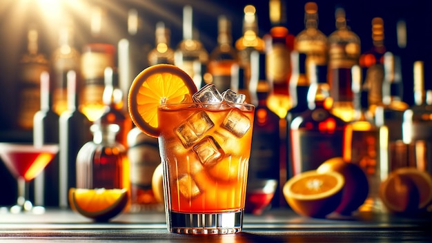 Glas mit einem verlockenden alkoholischen Cocktail, gefüllt mit Eis und garniert mit frischen Orangenstücken