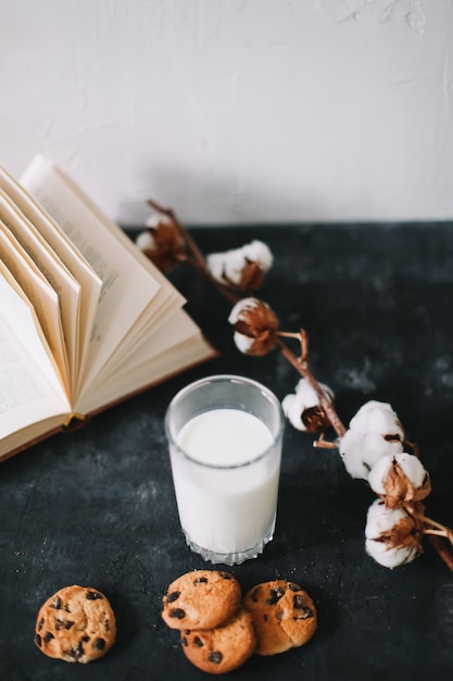 Glas mit frischen Milch- und Schokoladen-Haferflocken-Keksen zum Frühstück