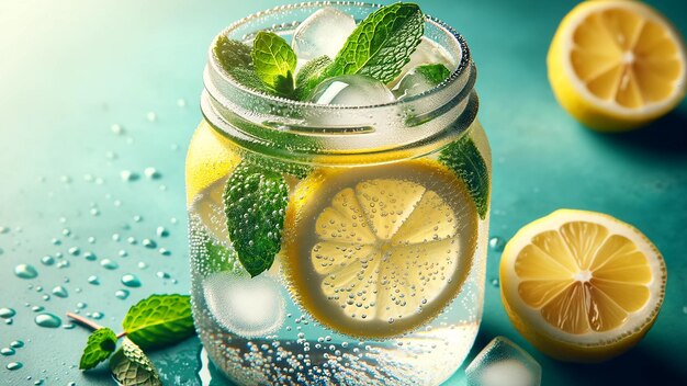 Glas mit funkelnder Limonade aus Soda-Wasser, frischen Zitronenschnitten und Minzblättern