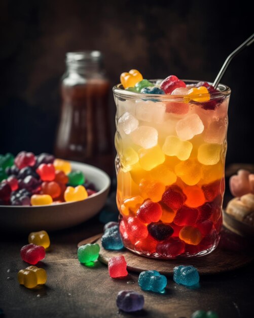 Glas mit Gummis und Schüssel mit Gummys