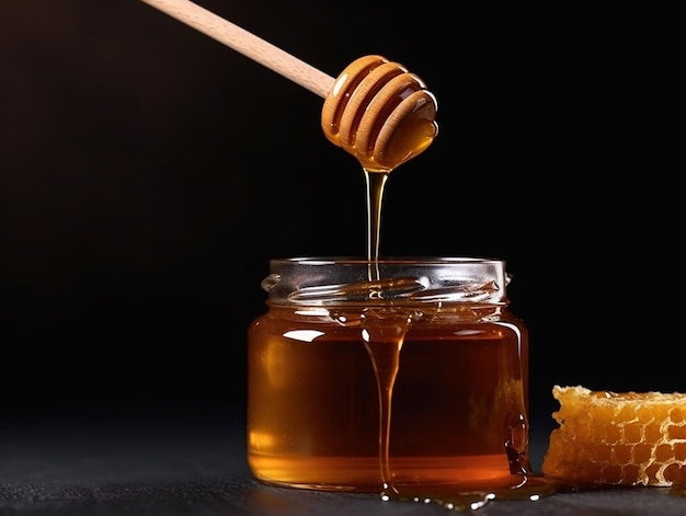 Glas mit Honig im rustikalen Stil mit Bindfaden umwickelt