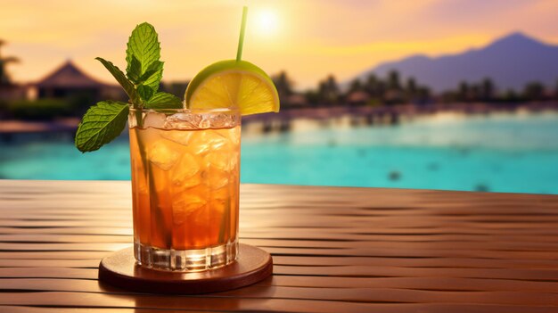 Glas mit Mai-Tai-Cocktail auf Holzbrett im Hotel