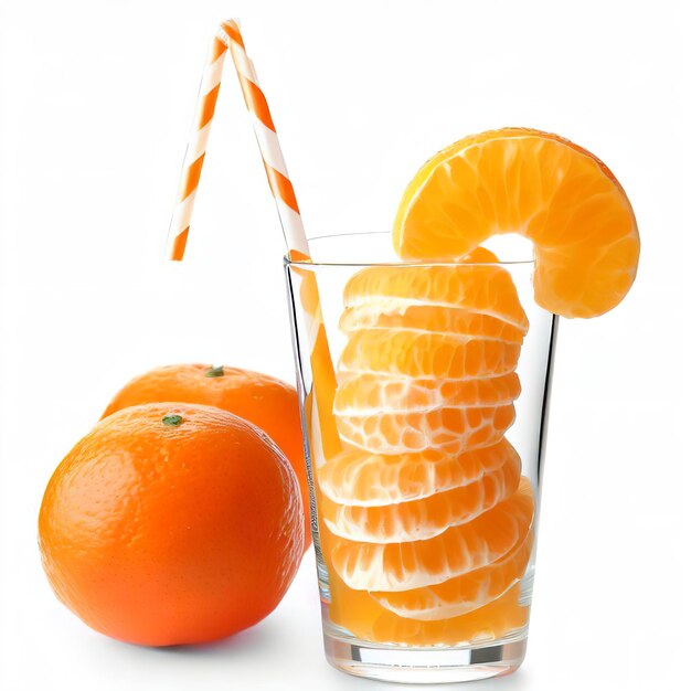 Glas mit Mandarinenscheiben und Stroh und Mandarine isoliert auf weißem Hintergrund