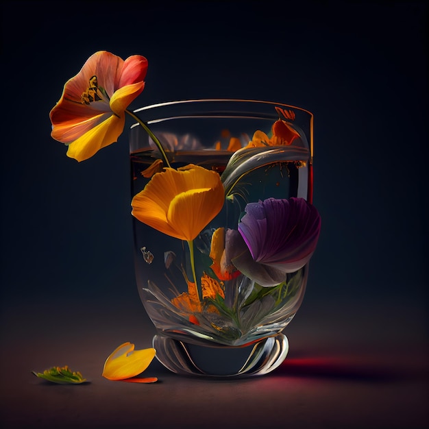 Glas mit Mohnblumen auf dunklem Hintergrund, 3D-Illustration