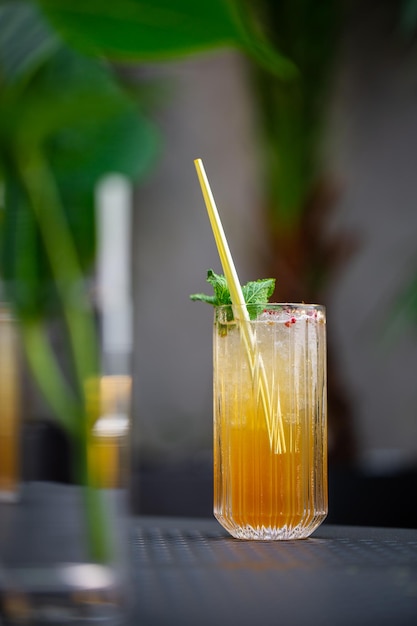 Glas mit Orangen-Mojito-Cocktail mit Zitrone und Minze, kaltes Erfrischungsgetränk oder Getränk mit Eis auf hellem Hintergrund. Ansicht von oben, Platz kopieren. Werbung für Café-Menü