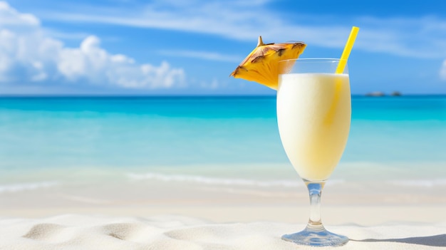 Glas mit Pina Colada-Cocktail am weißen Sandstrand