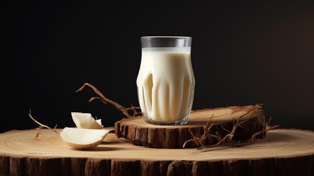 Glas mit schmackhafter Milch auf dem Tisch auf dunklem Hintergrund