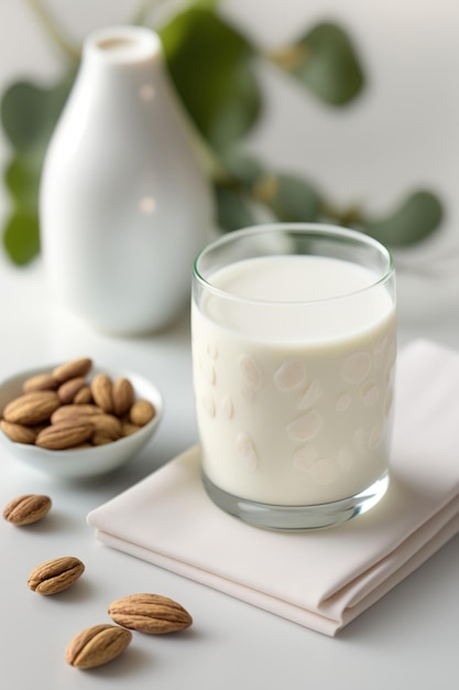 Glas mit veganer Mandelmilch mit Mandeln auf einem weißen TischGenerative AI