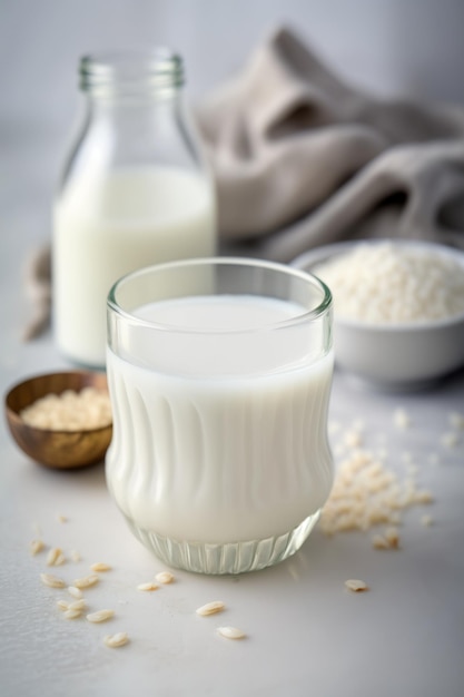 Glas mit veganer Reismilch auf einem weißen Tisch Generative KI