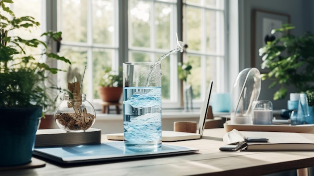 Foto glas mit wasser auf einem holztisch