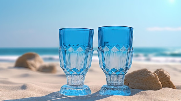 Glas mit Wasser im Sand des Strandes Urlaubsszene mit Glas an der Küstenlinie Generative KI