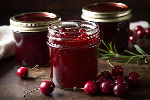 Glas mit würziger Kirschkonfitüre mit einer wunderschönen roten Farbe, hergestellt mit generativer KI