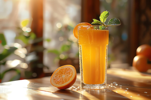 Glas Orangensaft auf dem Tisch im Café in Nahaufnahme