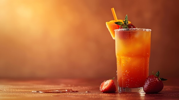 Glas Orangensaft mit Erdbeeren und Orangenstücken auf einem Holztisch