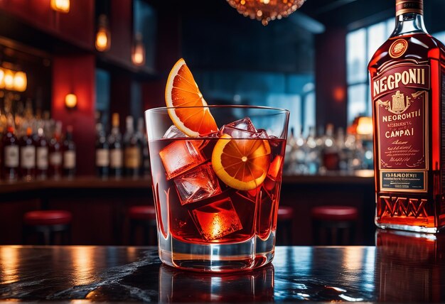 Glas rotes Getränk mit Eis und Whiskey auf einem HolztischGlas rotes Getränk mit Eis und Whiskey darauf