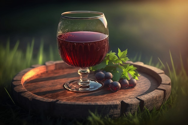 Glas Rotwein auf Holztablett auf grünem Gras