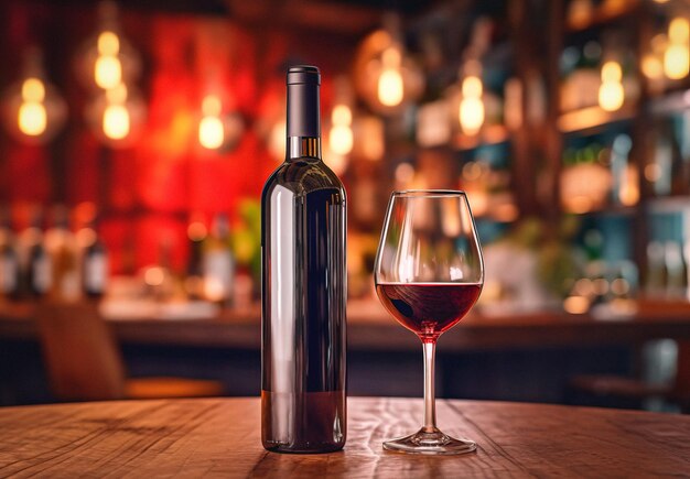 Glas Rotwein mit Flasche gegen rustikale Dunkelheit auf einem Holztisch Mock-up für Design