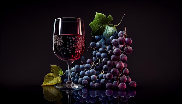 Glas Rotwein und Weintraube auf schwarzem Hintergrundgenerative ai