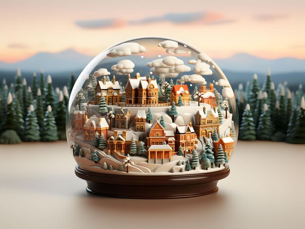 Glas-Schneeball mit gemütlichen Häusern und Weihnachtsbäumen Kleine Stadt in einer Kristallblase