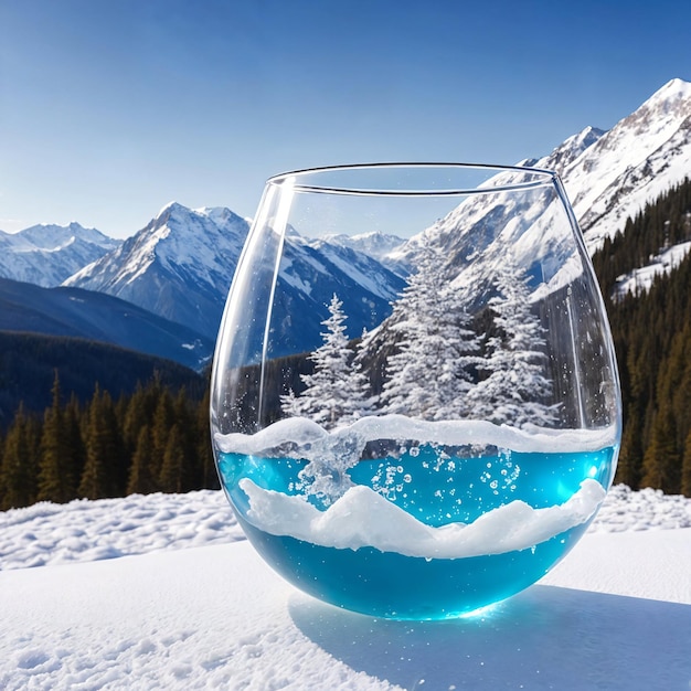 Glas strömendes Kristallwasser verschwommener Naturschnee Berglandschaftshintergrund