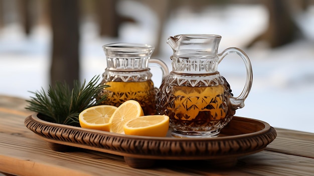 Glas Teekanne und Tasse Tee mit Zitrone auf einem Holztisch im Freien