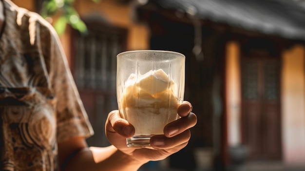 Glas traditioneller vietnamesischer Kokosnuss-Eiskaffee in Frauenhand Illustration AI Generativ