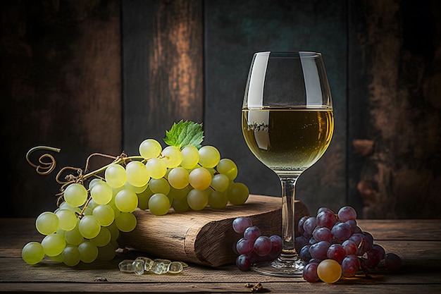 Glas trockener Weißwein, reife Trauben und Glas auf dem Tisch im Weinberg. Neuronales Netzwerk, KI generiert