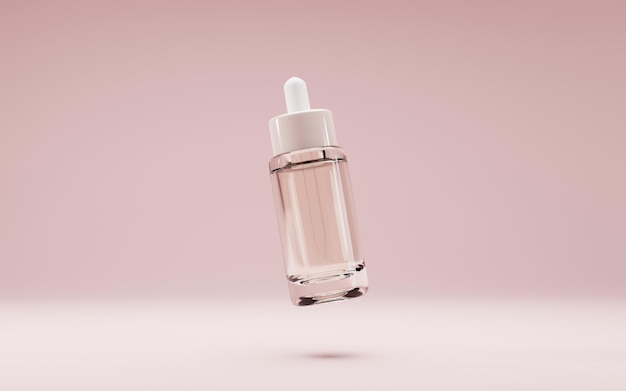 Glas-Tropfflasche kosmetisches Öl oder Serum-Mock-up-Banner Fläschchen mit Pipette für medizinische Tropfen durchsichtiger Behälter Kollagenessenz auf isoliertem beigen Hintergrund Produktanzeige Realistische 3D-Darstellung