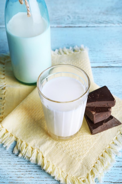 Glas und Flasche Milch mit Schokoladenbrocken auf farbigem Holzbohlenhintergrund