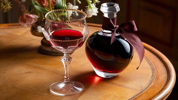 Glas und Flasche mit köstlichem Rotwein auf dem Tisch gegen Holz