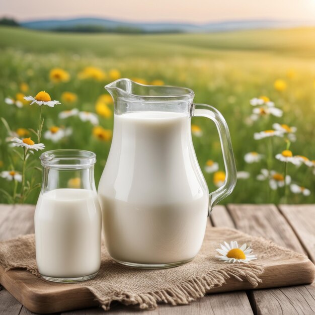 Foto glas und krug mit frischer milch auf holztisch mit verschwommenem hintergrund, grünem gartenhintergrund