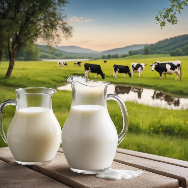 Foto glas und krug mit frischer milch auf holztisch mit verschwommenem hintergrund, grünem gartenhintergrund