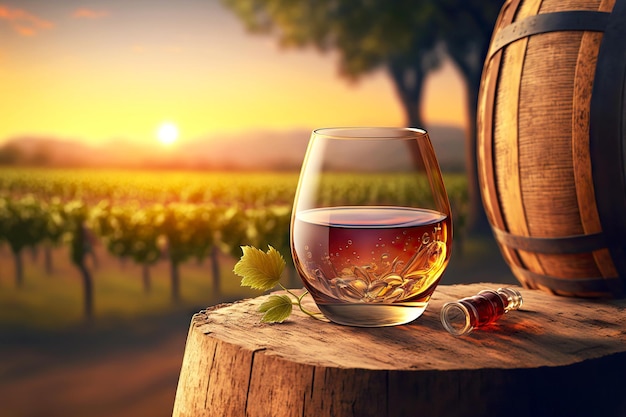 Glas Vintage Cognac vor dem Hintergrund von Reben und Weinfass