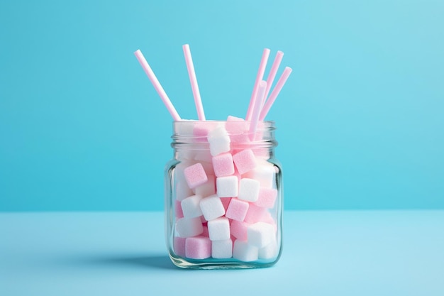 Glas voller Zuckerwürfel mit Strohhalm auf Pastellrosa