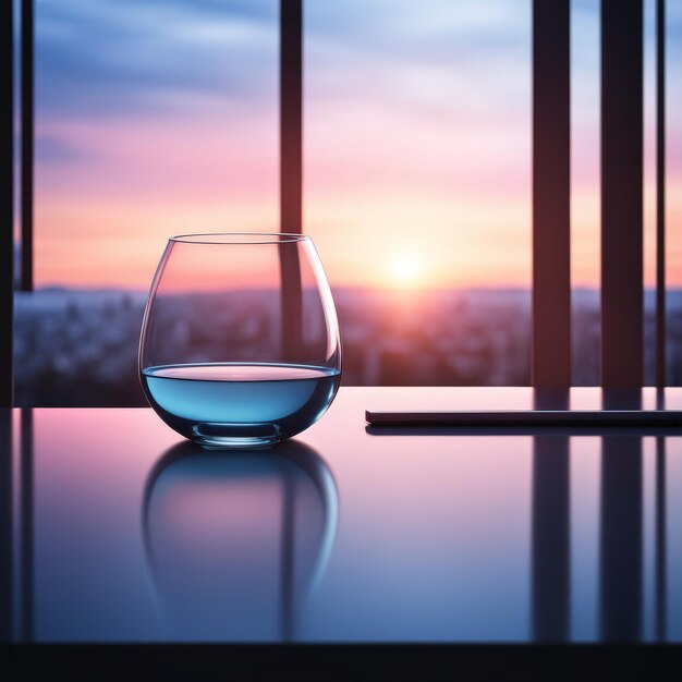 Foto glas wasser auf dem hintergrund der abendsonne 3d-rendering glas wasser auf der hintergrund