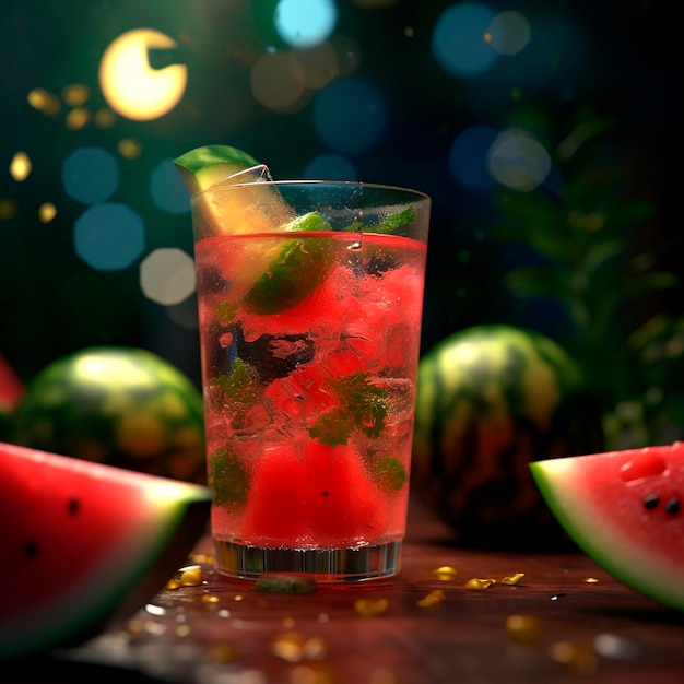 Glas Wassermelonen-Mojito mit Eis und Minze auf dunklem Hintergrund. AI generiert