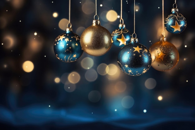 Glas-Weihnachtsdekorationen, die nachts an einem Weihnachtsfest hängen, Bokeh-Hintergrund, nächtliche Sterne, Weihnachtsbeleuchtung, KI-generierte Illustration