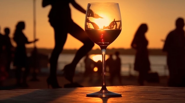 Glas Wein auf Holztisch und Menschensilhouette entspannen und tanzen am Strand bei Sonnenuntergang