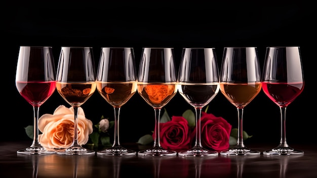 Glas Wein mit roter Rose auf dunklem Hintergrund