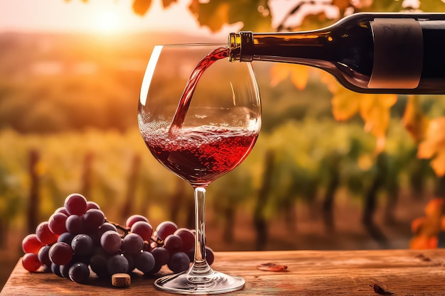 Glas Wein mit Trauben auf einem sonnigen Hintergrund AI