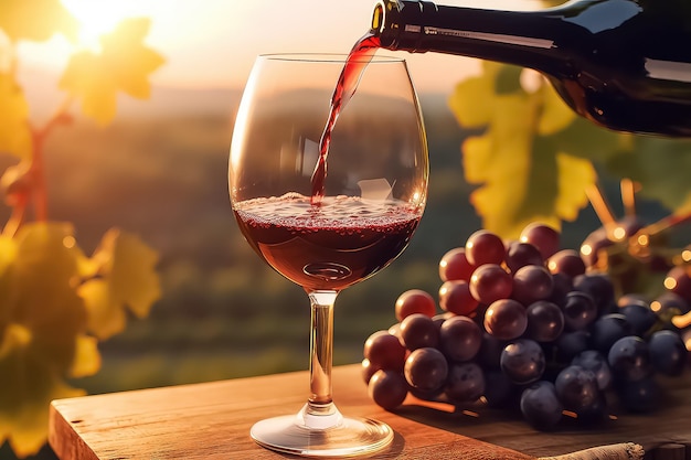 Glas Wein mit Trauben auf einem sonnigen Hintergrund AI