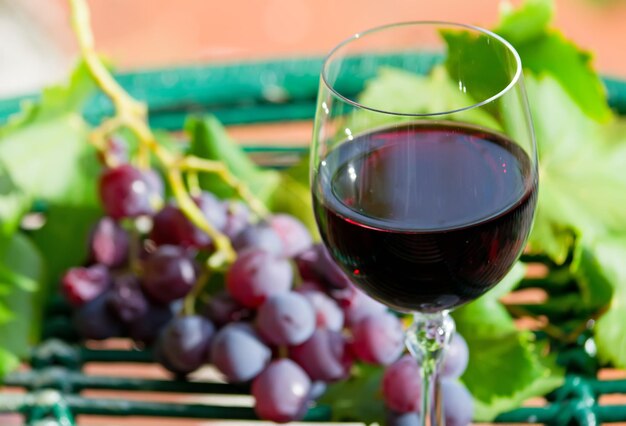 Glas Wein mit Trauben und Blättern auf einem Holztisch