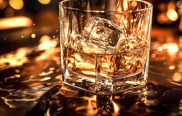 Glas Whiskey mit Eiswürfeln auf einer Bartheke in einem Nachtclub