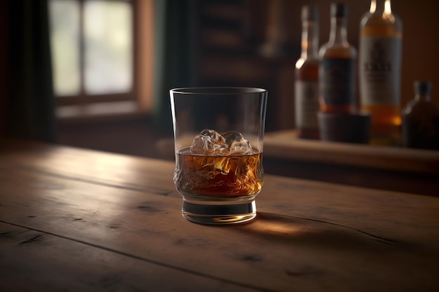 Glas Whisky mit Eis auf dem Tisch Generative KI