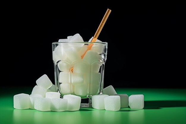 Foto glasa de desequilibrio dulce de cubitos de azúcar con una pajita verde