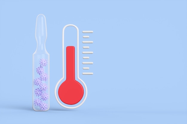 Glasampulle mit Coronavirus-Impfstoff mit Cartoon-Thermometer auf blauem Hintergrund. 3D-Rendering-Abbildung