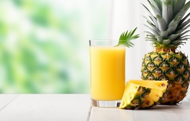 Glasananassaft und Ananasscheiben für ein gesundes Frühstück auf weißem Holztisch